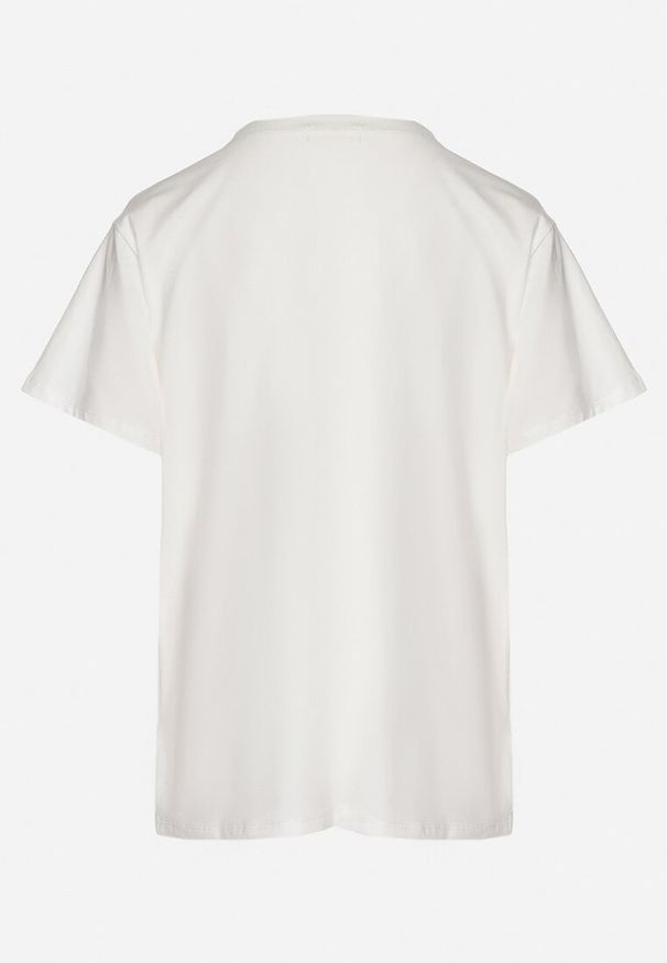 Born2be - Biały T-shirt z Bawełny z Ozdobnym Napisem i Nadrukiem Olinella. Okazja: na co dzień. Kolor: biały. Materiał: bawełna. Wzór: nadruk, napisy. Styl: casual