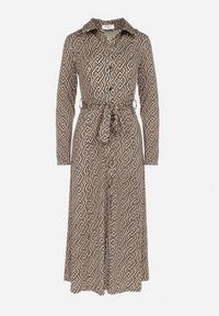 Born2be - Beżowa Sukienka Koszulowa z Wiązanym Paskiem Farima. Kolor: beżowy. Materiał: tkanina, materiał. Wzór: nadruk, aplikacja. Typ sukienki: koszulowe. Długość: midi #6