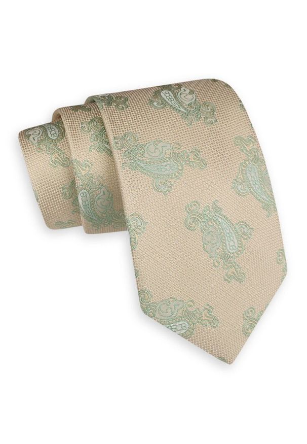 Beżowo-Zielony Szeroki Krawat -Angelo di Monti- 7,5 cm, Męski, Wzór Paisley, Łezki. Kolor: beżowy, brązowy, wielokolorowy. Wzór: paisley. Styl: wizytowy, elegancki