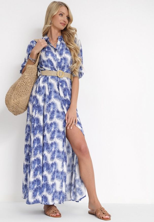 Born2be - Niebieska Rozkloszowana Sukienka Maxi z Plecionym Paskiem i Wsuwanymi Kieszeniami Suttyn. Kolor: niebieski. Długość rękawa: długi rękaw. Sezon: wiosna, lato. Długość: maxi