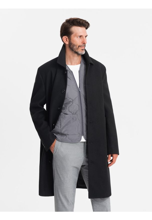 Ombre Clothing - Męski długi jednorzędowy płaszcz z kołnierzykiem i podpinką – czarny V1 OM-COWC-0106 - XXL. Okazja: na co dzień. Typ kołnierza: kołnierzyk koszulowy, komin. Kolor: czarny. Materiał: syntetyk, wiskoza, poliester, materiał. Długość: długie. Wzór: jednolity. Styl: wizytowy, casual, elegancki