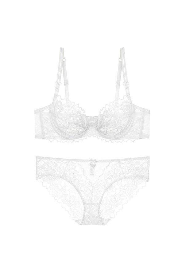 Intica - Komplet bielizny transparentnej z haftem Aleka. Kolor: biały. Materiał: tkanina, materiał. Wzór: haft