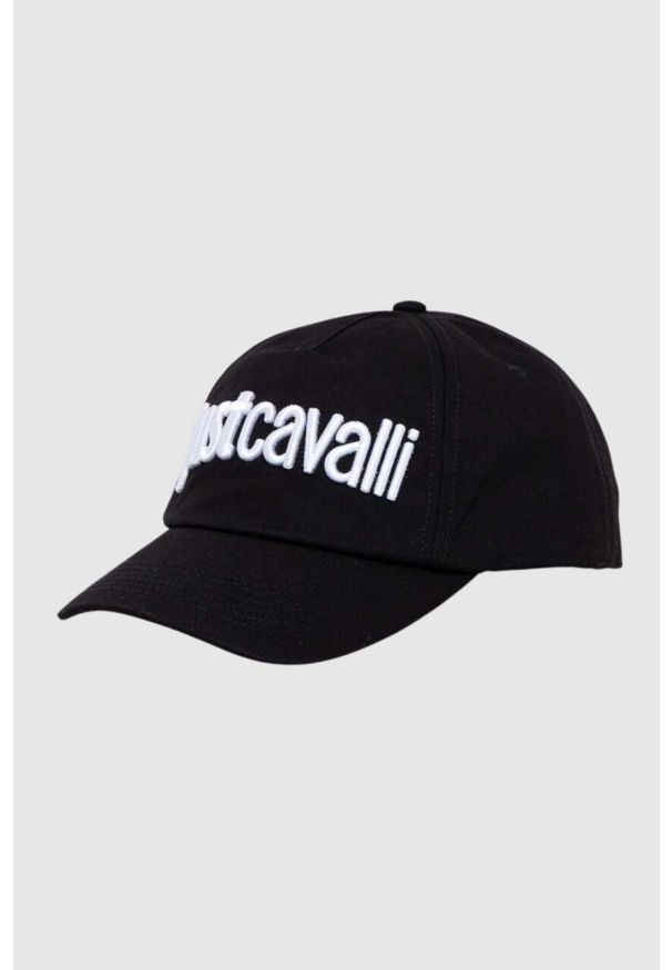 Just Cavalli - JUST CAVALLI Czapka z daszkiem 3d Up z białym logo. Kolor: czarny. Wzór: haft