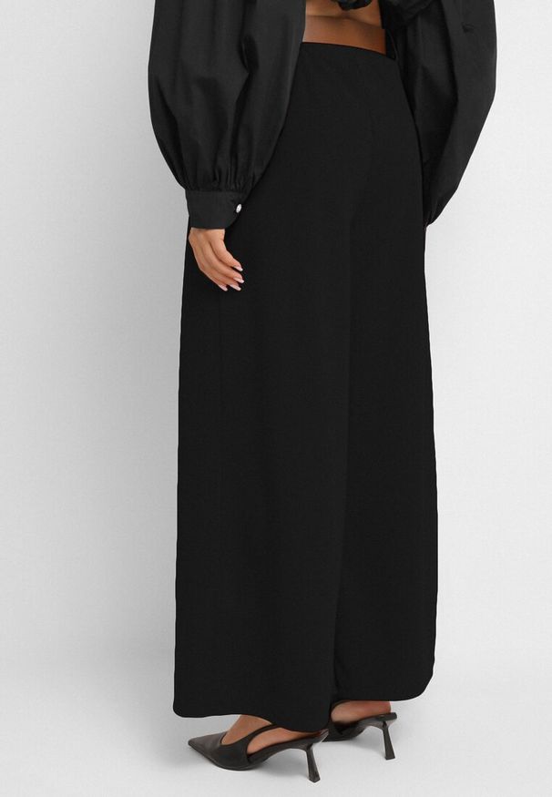 Born2be - Czarne Szerokie Spodnie z Wysokim Stanem i Paskiem Rasalla. Okazja: na co dzień. Stan: podwyższony. Kolor: czarny. Styl: casual, elegancki