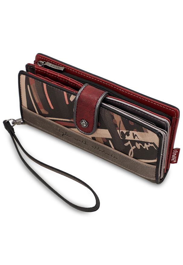 Portfel damski Anekke, duży bogato zdobiony z miejscem na zdjęcia na karty i na bilon, brązowy, 41809-901. Kolor: brązowy. Materiał: materiał. Wzór: aplikacja