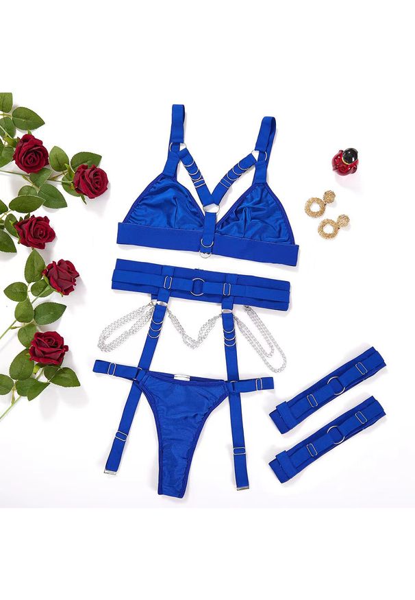 Intica - Komplet bielizny z szerokimi pasami i ozdobnymi detalami Nver. Kolor: niebieski. Materiał: materiał. Wzór: aplikacja