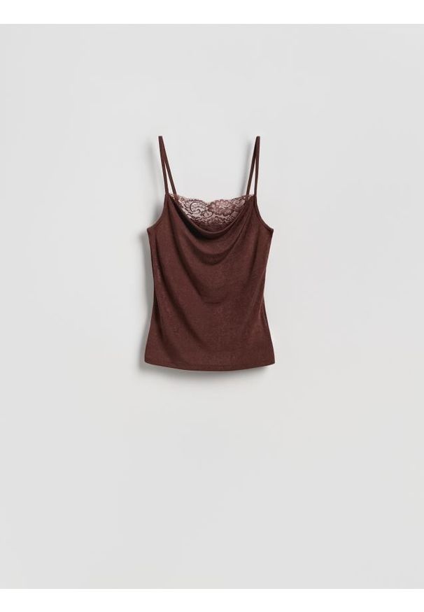 Reserved - Top z koronką - brązowy. Kolor: brązowy. Materiał: koronka. Wzór: koronka