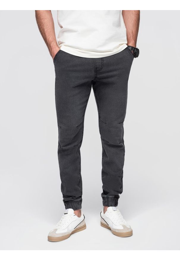 Ombre Clothing - Spodnie męskie JOGGERY jeansowe z efektem sprania - szare V3 - Rozmiar: XXL. Okazja: na co dzień. Kolor: szary. Materiał: jeans. Wzór: aplikacja. Styl: casual, elegancki