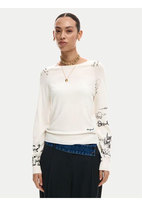 Desigual Sweter Marquette 26SWJF10 Écru Regular Fit. Kolor: kremowy. Materiał: wiskoza
