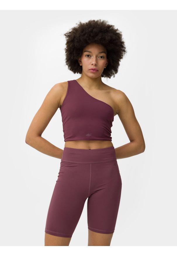 4f - Crop top slim na jedno ramię damski. Kolor: fioletowy. Materiał: elastan, dzianina, materiał. Długość rękawa: na ramiączkach