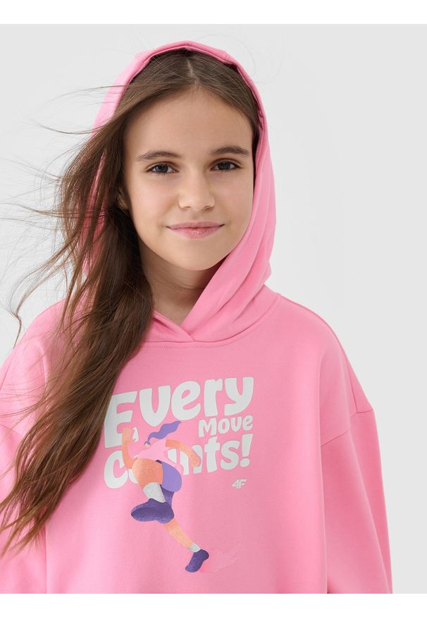 4f - 4F Bluza dresowa nierozpinana z kapturem dziewczęca - różowa 164 (13-14 lat). Okazja: na co dzień. Typ kołnierza: kaptur. Kolor: różowy. Materiał: dresówka. Wzór: napisy, gładki, ze splotem, nadruk. Sezon: lato. Styl: casual, sportowy