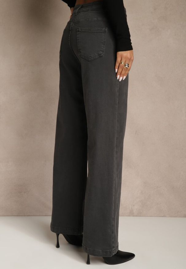 Renee - Ciemnoszare Jeansy High Waist z Szerokimi Nogawkami Vetimira. Okazja: na co dzień. Stan: podwyższony. Kolor: szary. Styl: casual
