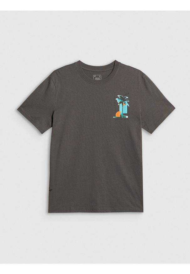 4f - 4F T-shirt regular z nadrukiem męski - szary L. Okazja: na co dzień. Kolor: szary. Materiał: bawełna, dzianina. Wzór: nadruk. Styl: klasyczny, wakacyjny, casual