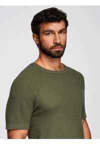 Ombre Clothing - Strukturalna dzianinowa koszulka męska - oliwkowa V1 - Rozmiar: L. Kolor: oliwkowy. Materiał: dzianina #8