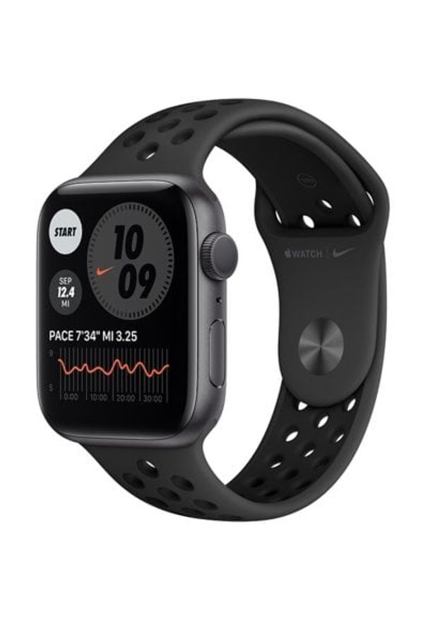 APPLE Watch 6 Nike 44mm (Gwiezdna szarość z opaską sportową w kolorze czarnym). Rodzaj zegarka: smartwatch. Kolor: czarny. Materiał: poliester, nylon, guma, materiał. Styl: sportowy