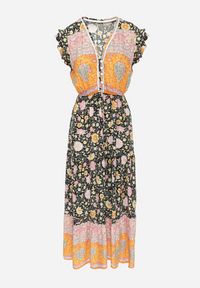 Born2be - Czarno-Pomarańczowa Sukienka Maxi z Wiskozy w Stylu Boho Larres. Typ kołnierza: kołnierz z falbankami. Kolor: pomarańczowy. Materiał: wiskoza. Wzór: aplikacja. Styl: boho. Długość: maxi #4