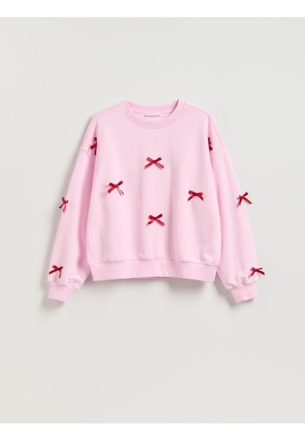 Reserved - Bluza z kokardkami - różowy. Typ kołnierza: kokarda. Kolor: różowy. Materiał: dzianina, bawełna