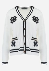 Born2be - Biały Sweter Kardigan na Biżuteryjne Guziki z Naszywkami Reaksmey. Kolor: biały. Materiał: tkanina, wiskoza. Wzór: aplikacja