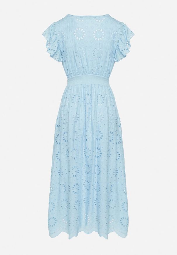 Born2be - Niebieska Ażurowa Sukienka z Kopertowym Dekoltem i Bufiastymi Rękawami Ldivane. Okazja: na co dzień, na imprezę. Kolor: niebieski. Wzór: ażurowy. Sezon: lato. Typ sukienki: kopertowe. Styl: casual