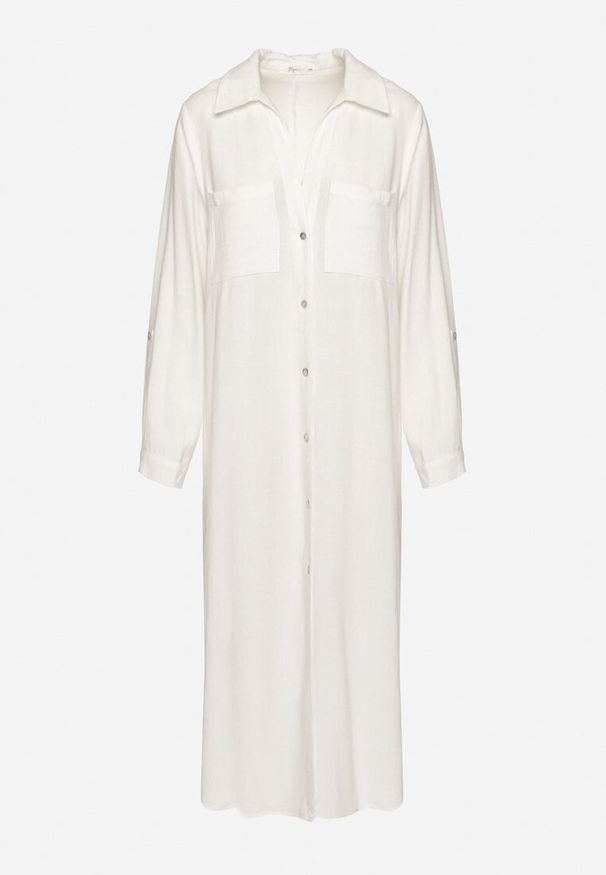 Born2be - Biała Koszulowa Sukienka z Lnem i Wiskozą z Regulowanymi Rękawami Melvezia. Okazja: na co dzień. Kolor: biały. Materiał: wiskoza, len. Typ sukienki: koszulowe. Styl: casual