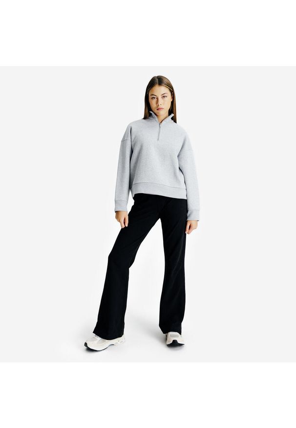 Decathlon - Bluza ze stójką na suwak damska Elementals. Typ kołnierza: kołnierzyk stójkowy. Kolor: szary. Materiał: tkanina, prążkowany, poliester, materiał, bawełna, elastan
