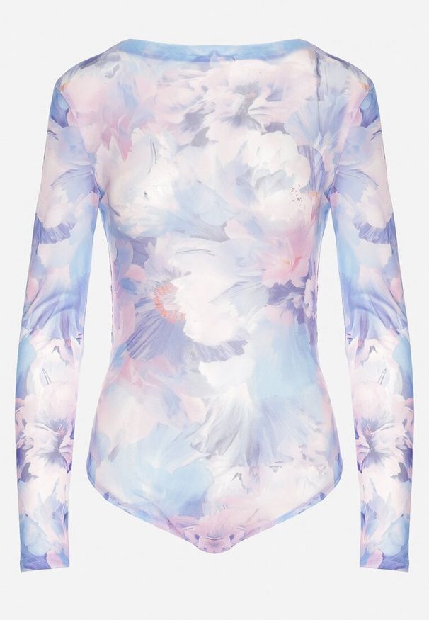 Born2be - Niebieskie Siateczkowe Body Ozdobione Abstrakcyjnym Wzorem Folianelle. Okazja: na co dzień. Kolor: niebieski. Materiał: jeans. Wzór: aplikacja. Styl: elegancki, casual