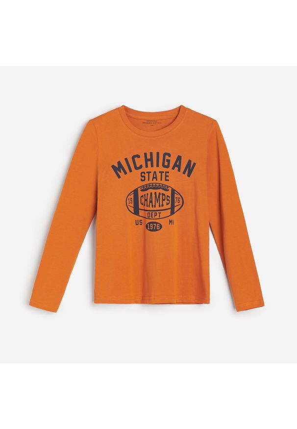 Reserved - Bawełniana koszulka z nadrukiem - Pomarańczowy. Kolor: pomarańczowy. Materiał: bawełna. Wzór: nadruk