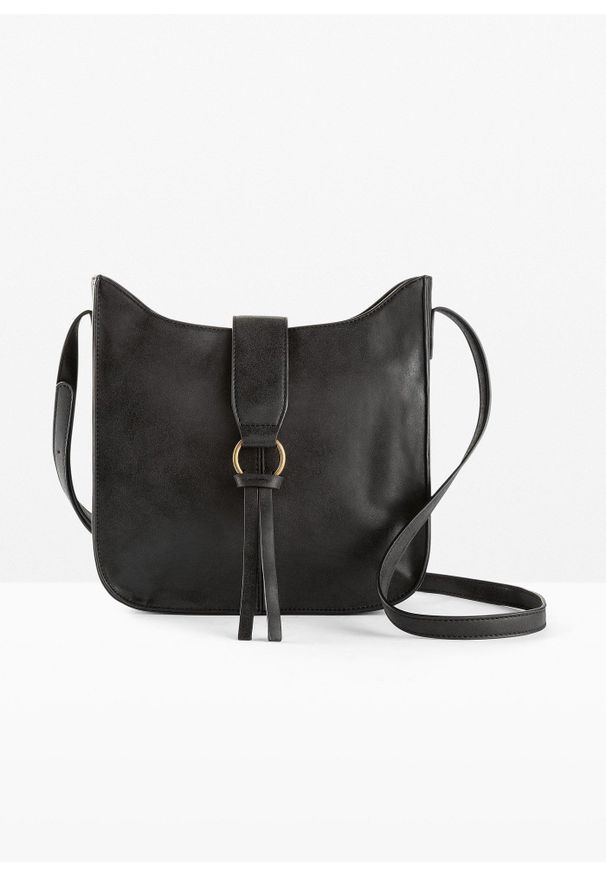 bonprix - Torebka na ramię z ozdobną klapą. Kolor: czarny. Materiał: skórzane. Styl: elegancki. Rodzaj torebki: na ramię