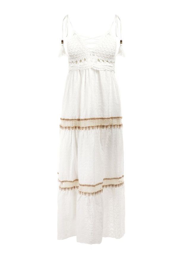 Born2be - Biała Sukienka Chrysis. Kolor: biały. Materiał: koronka, bawełna, tkanina. Długość rękawa: na ramiączkach. Wzór: haft, koronka, aplikacja. Styl: boho. Długość: maxi