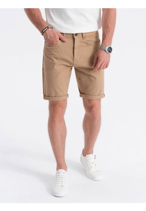 Ombre Clothing - Szorty męskie CHINO - jasnobrązowe V9. Okazja: na co dzień. Kolor: beżowy. Materiał: elastan, bawełna. Długość: krótkie. Styl: casual