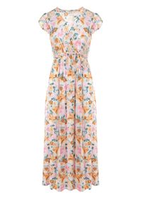 Born2be - Biało-Miętowa Sukienka Iraris. Typ kołnierza: kołnierz z falbankami. Kolor: biały. Materiał: wiskoza, materiał, tkanina. Długość rękawa: bez rękawów. Wzór: kwiaty. Sezon: lato. Typ sukienki: kopertowe. Długość: maxi #6