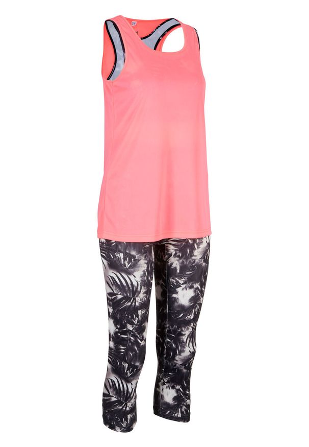 Legginsy funkcyjne + top + biustonosz bustier (3 części) bonprix czarno - neonowy łososiowy w roślinny wzór. Kolor: czarny