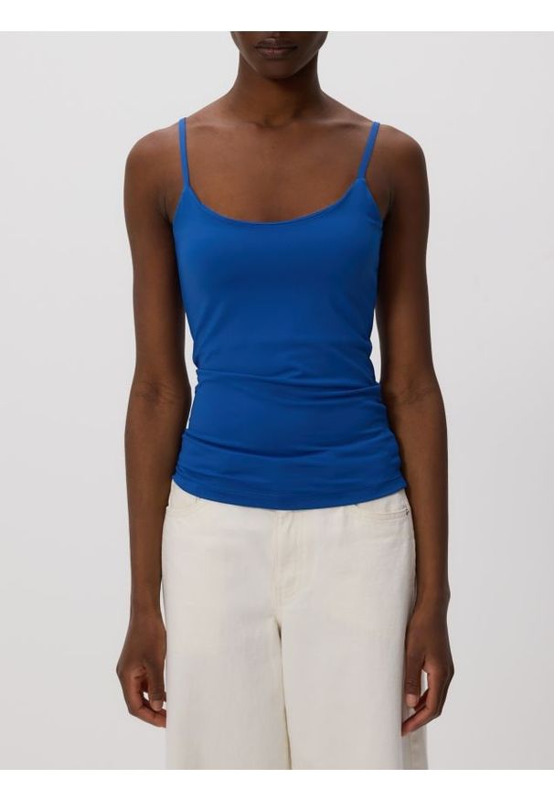 Reserved - Gładki top na ramiączkach - niebieski. Kolor: niebieski. Materiał: dzianina. Długość rękawa: na ramiączkach. Długość: krótkie. Wzór: gładki