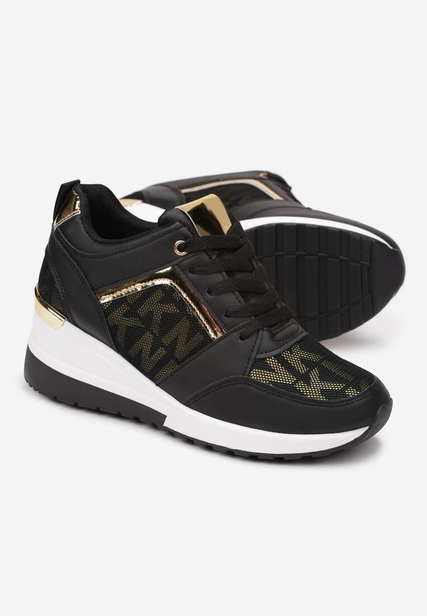 Born2be - Czarno-Białe Sneakersy Kasaris. Okazja: na co dzień. Kolor: czarny. Materiał: jedwab, jeans. Wzór: aplikacja. Obcas: na koturnie. Wysokość obcasa: średni