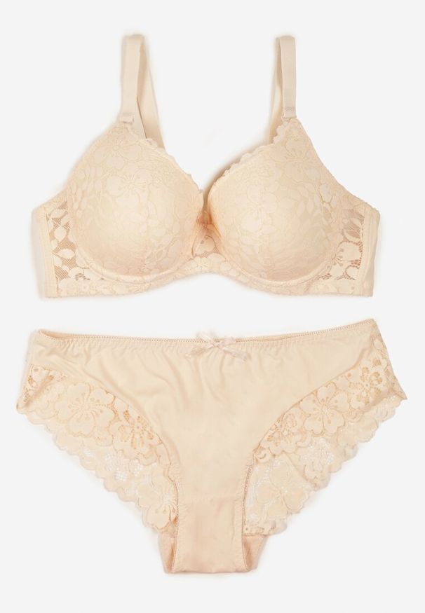 Born2be - Beżowy Klasyczny Komplet Biustonosz i Majtki Figi z Koronką Ezilene. Kolor: beżowy. Materiał: koronka. Wzór: koronka