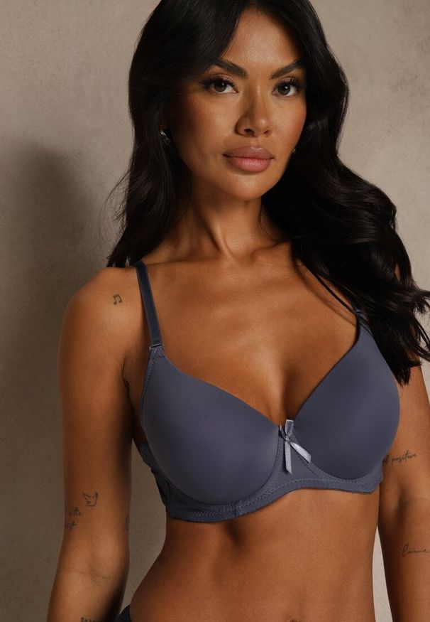 Renee - Granatowy Gładki Biustonosz o Klasycznym Fasonie Zdobiony Kokardką Caloris. Kolor: niebieski. Wzór: aplikacja, gładki