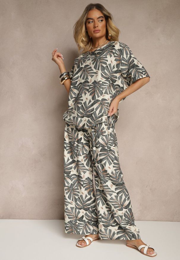 Renee - Szary Komplet z Wiskozy Zdobiony Roślinnym Printem T-shirt i Szerokie Spodnie Evialena. Kolor: szary. Materiał: wiskoza. Wzór: nadruk, aplikacja