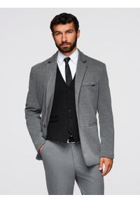 Ombre Clothing - Dzianinowa marynarka męska o dopasowany kroju - grafitowa V1 - Rozmiar: L. Okazja: na spotkanie biznesowe, do pracy, na co dzień. Kolor: szary. Materiał: dzianina. Styl: klasyczny, biznesowy, casual, elegancki