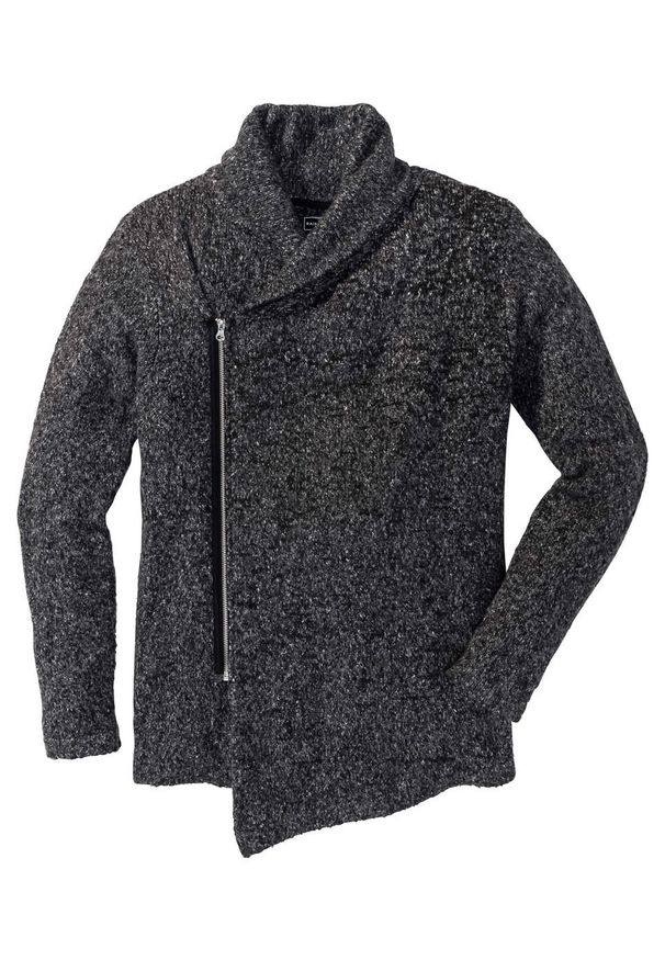 Sweter rozpinany z szalowym kołnierzem bonprix szary melanż. Kolor: szary. Materiał: materiał, poliester, akryl. Długość: długie. Wzór: melanż