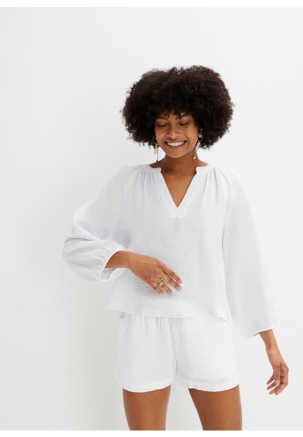 bonprix - Bluzka muślinowa oversize. Typ kołnierza: dekolt w serek. Kolor: biały. Materiał: bawełna. Sezon: lato