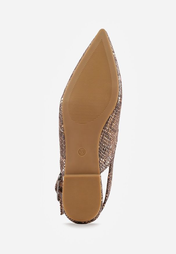 Renee - Szampańskie Sandały Vices Typu Slingback z Wkładką ze Skóry Naturalnej Rallora. Okazja: na co dzień, na spacer. Zapięcie: sprzączka. Kolor: złoty. Materiał: skóra. Wzór: nadruk. Obcas: na obcasie. Styl: elegancki, casual. Wysokość obcasa: średni