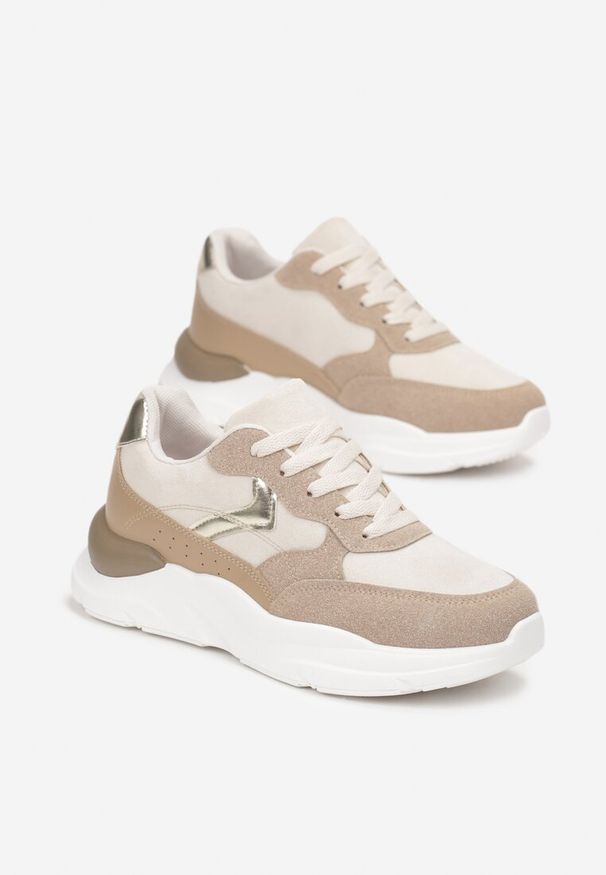 Renee - Ciemnobeżowe Sneakersy na Grubej Podeszwie z Ozdobnymi Wstawkami Alechan. Nosek buta: okrągły. Zapięcie: sznurówki. Kolor: beżowy. Materiał: materiał, syntetyk, nubuk. Obcas: na obcasie. Wysokość obcasa: niski