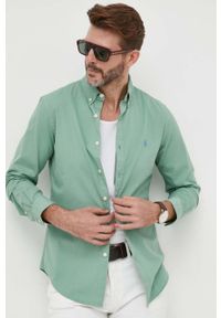 Polo Ralph Lauren koszula bawełniana męska kolor zielony slim z kołnierzykiem button-down. Okazja: na co dzień. Typ kołnierza: button down, polo. Kolor: zielony. Materiał: bawełna. Wzór: aplikacja. Styl: casual