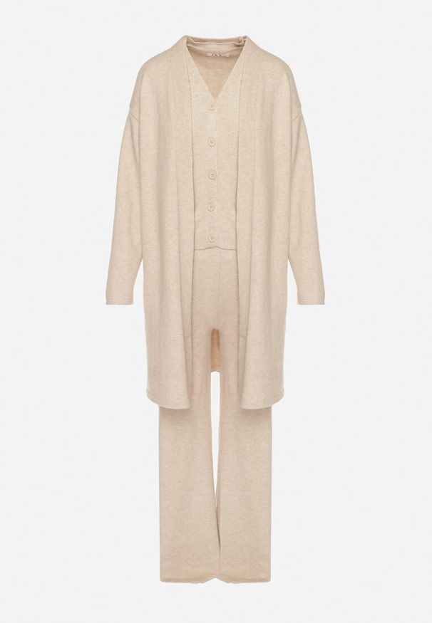 Born2be - Jasnobeżowy Dzianinowy Komplet z Wełną Kamizelka Długi Kardigan i Spodnie Otizela. Kolekcja: plus size. Kolor: beżowy. Materiał: wełna, dzianina