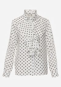 Born2be - Biała Wiskozowa Koszula w Kropki ze Stójką z Ozdobnymi Falbanami Isamene. Okazja: na co dzień. Typ kołnierza: kołnierzyk stójkowy. Kolor: biały. Materiał: wiskoza. Wzór: kropki. Styl: casual, klasyczny #7