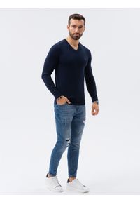 Ombre Clothing - Sweter męski z haftem - granatowy V22 E191 - XXL. Kolor: niebieski. Materiał: dzianina, materiał, wiskoza, nylon. Wzór: haft. Styl: klasyczny, elegancki #5