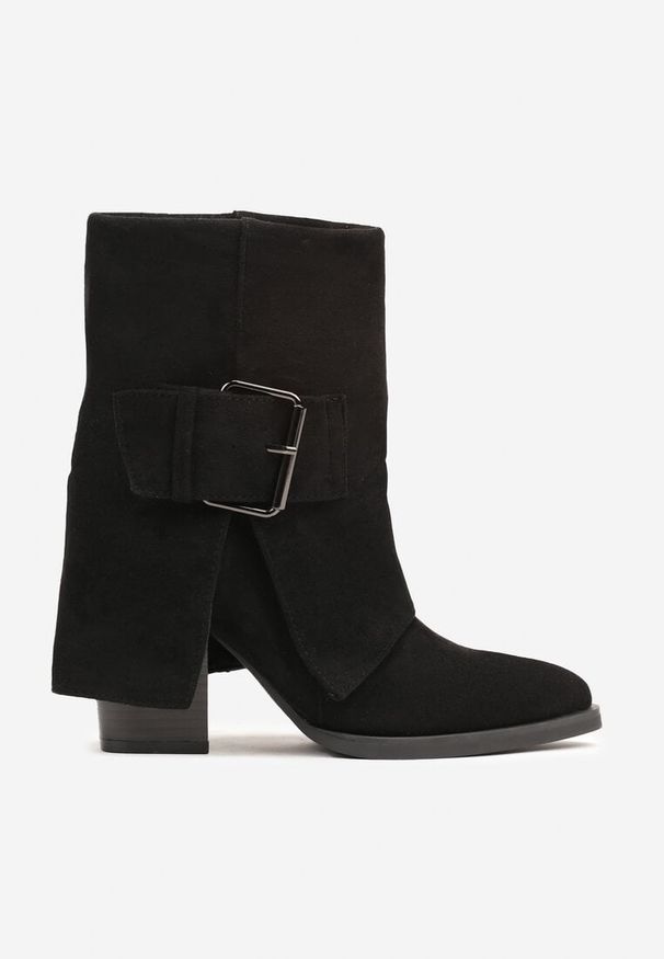 Born2be - Czarne Botki w Stylu Kowbojek na Obcasie z Wywiniętą Cholewką Ansivia. Okazja: na co dzień. Kolor: czarny. Materiał: jeans. Szerokość cholewki: normalna. Sezon: zima, jesień. Obcas: na obcasie. Styl: elegancki, casual. Wysokość obcasa: średni