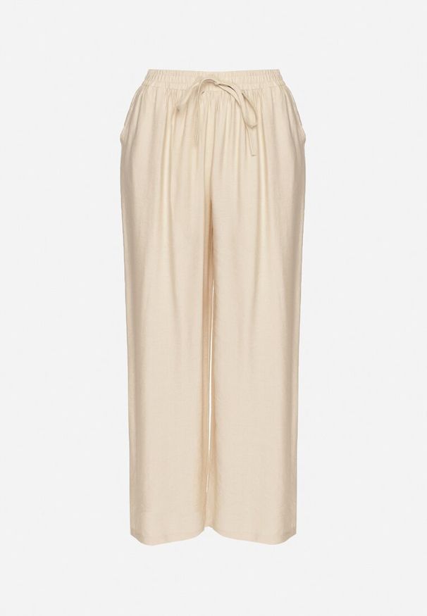 Born2be - Beżowe Szerokie Spodnie z Wysokim Stanem Ozdobione Sznurkiem Fenaris. Okazja: na spacer. Stan: podwyższony. Kolor: beżowy. Długość: długie. Wzór: aplikacja. Sezon: lato. Styl: elegancki, klasyczny