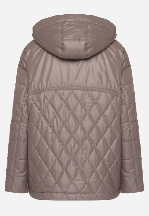 Born2be - Ciemnoszara Kurtka Pikowana z Odpinanym Kapturem i Aplikacją Sarlia. Kolor: szary. Materiał: jeans. Wzór: aplikacja. Styl: elegancki, klasyczny
