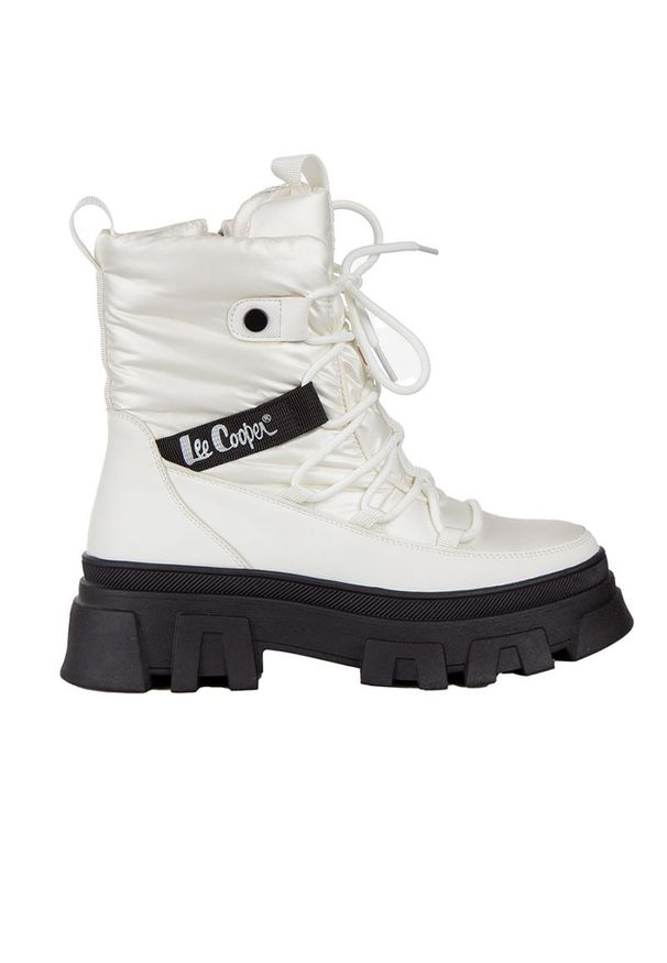 Buty Lee Cooper LCJ-24-47-3142LA - białe. Wysokość cholewki: przed kolano. Zapięcie: sznurówki. Kolor: biały. Materiał: skóra, guma. Szerokość cholewki: normalna. Sezon: zima